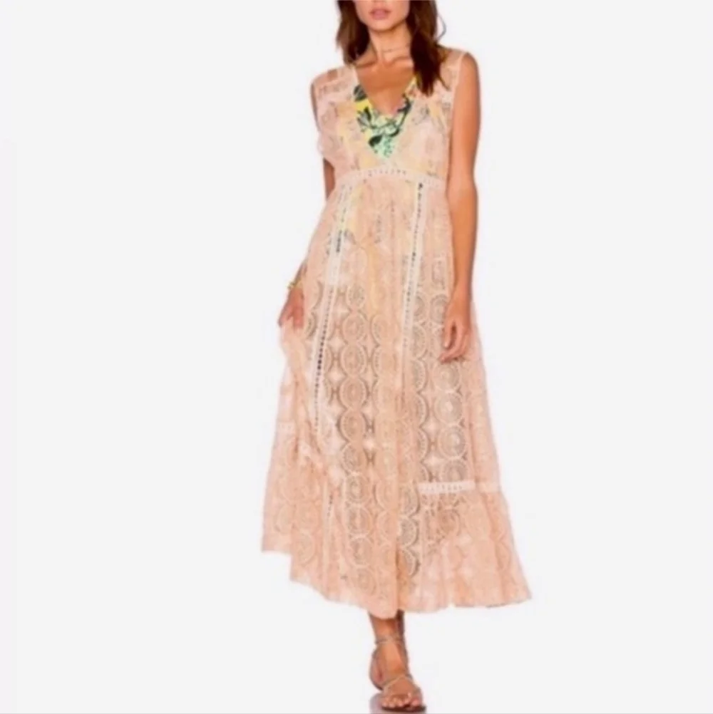 FREE PEOPLE FP Peach Shine Sheer On Maxi Dress Women's Large L Bohemian Lace EUC